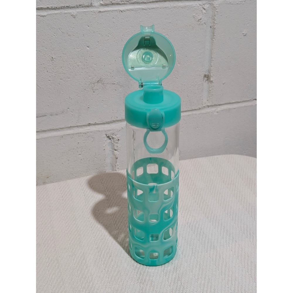 Glass Water Bottle with Mint Green Marbled Silicone Sleeve and Flip Top Lid